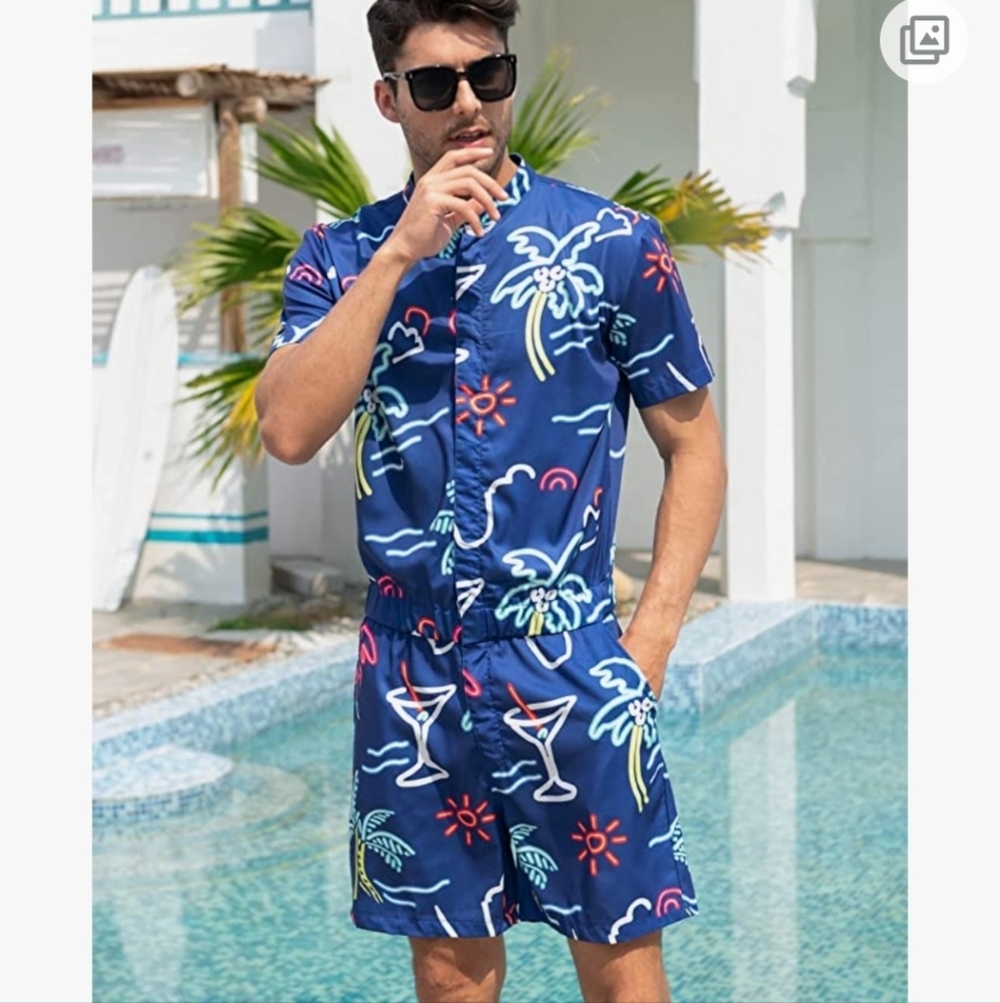 Men's Shorts Romper Hawaiian 80s 90s Large
